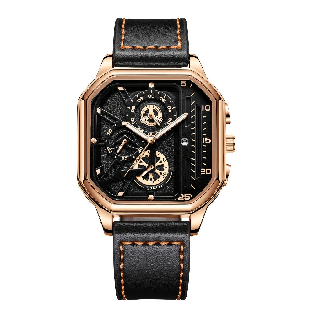 Men's Quartz Watch - Square for Vintage Faux Leather Strap Analog Wristwatch Polygon Dial - product detail view 9
