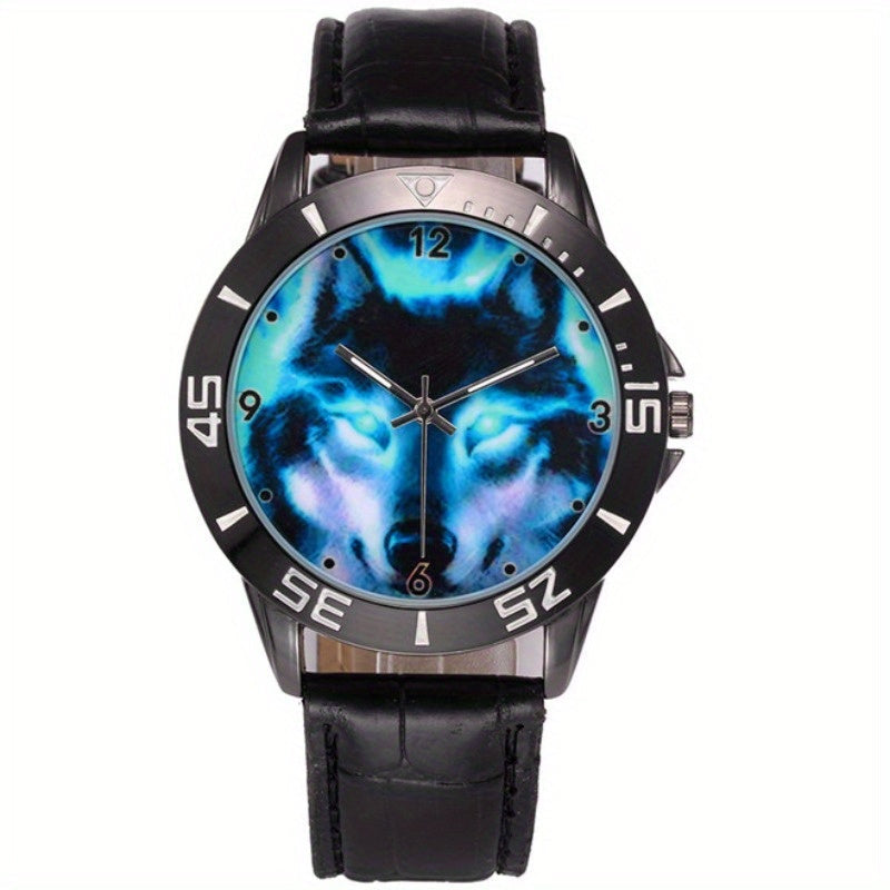 Unisex Watch Wolf-Head Analog with Faceted Blue Dial and Faux Leather Strap in Two Finishes