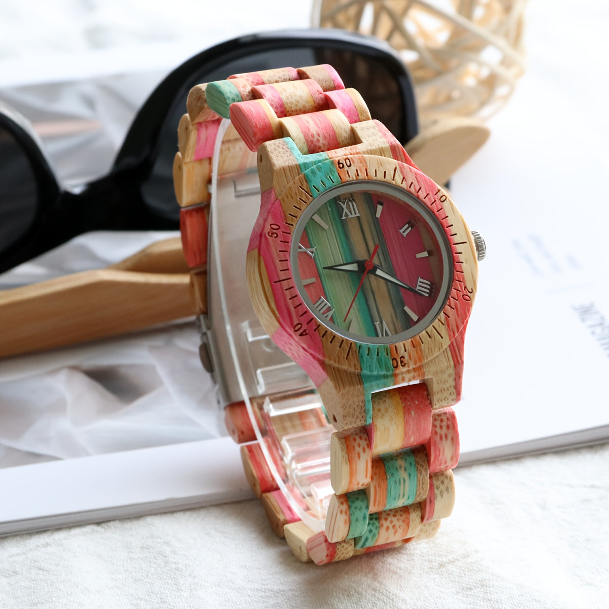 Quartz Watch in Natural Multicolor Bamboo with Round Wood Dial and Linked Wooden Bracelet for Daily Wear