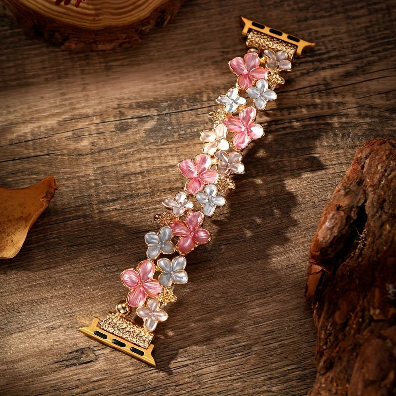Pink Floral Alloy Watch Band with Bead Accents and Folding Clasp for Apple Watch in Two Case-Size Options
