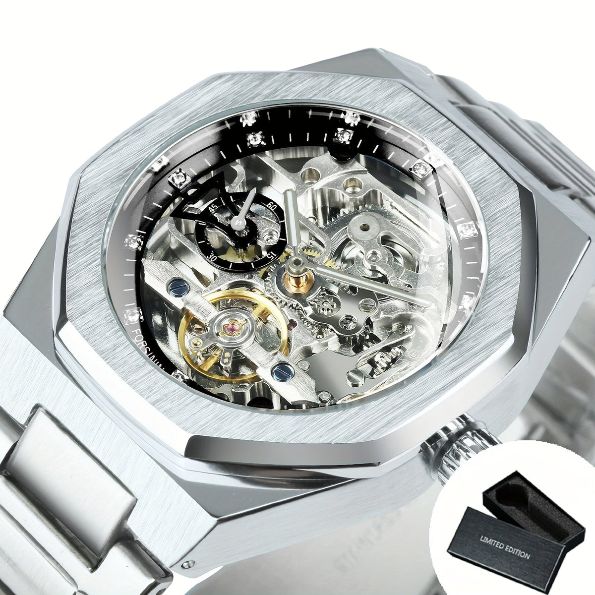 Skeleton Mechanical Watch with Open Dial, Luminous Hands, Stainless Steel Band and Three Boxed Color Options