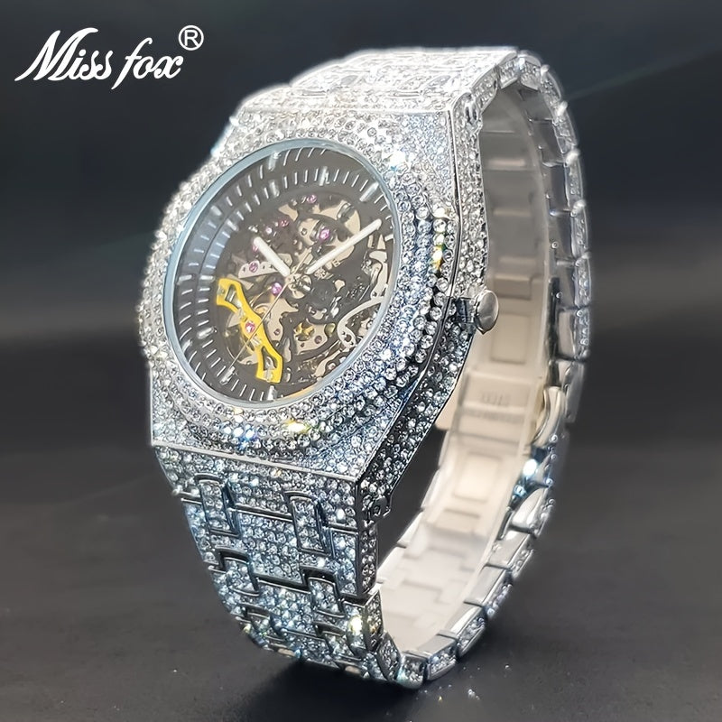 Crystal-Accent Mechanical Watch with Large Iced-Out Dial in Gold or Silver for Men and Women