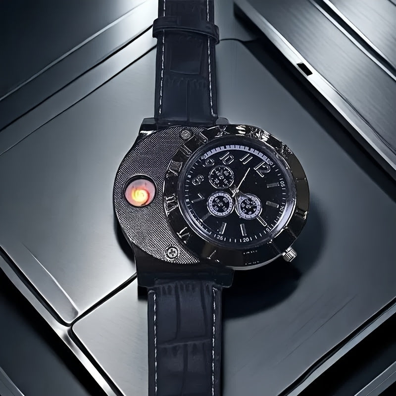 Men's Watch LINGKUN Analog Quartz Display with Integrated Lighter Module and Five Case-Strap Color Options