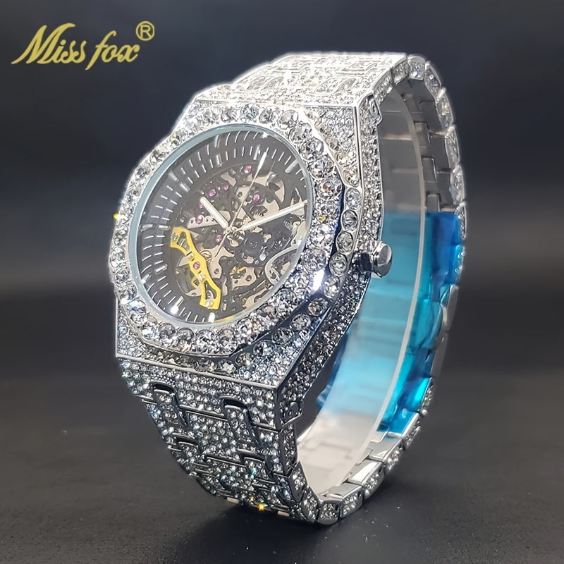 Rhinestone Mechanical Watch with Large Round Analog Dial and Zinc Alloy Band in Gold or Silver
