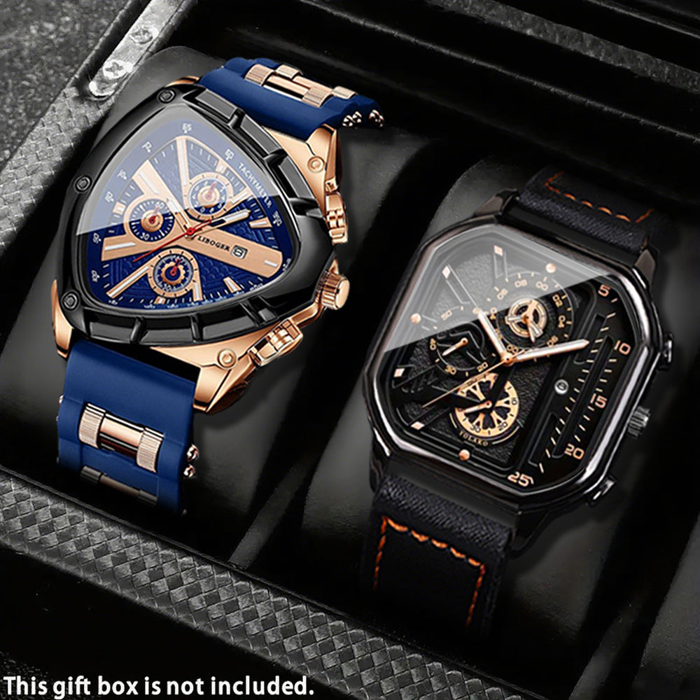2-Piece Men's Watch Set with Triangle-Dial Silicone Strap Watch and Square-Dial Faux Leather Watch