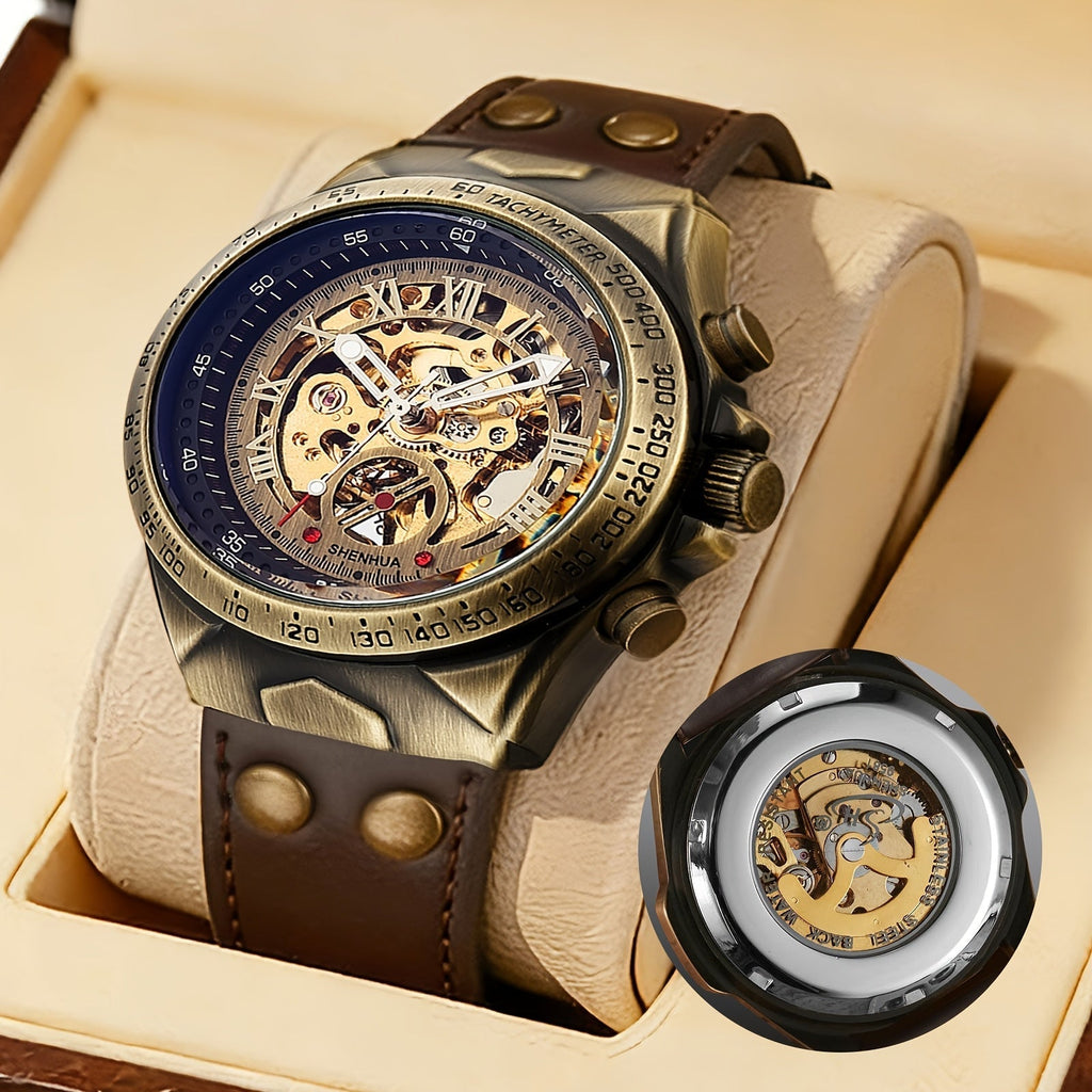 Watch for Men Automatic Mechanical Skeleton Timepiece with Roman Numerals & Brown Leather Strap