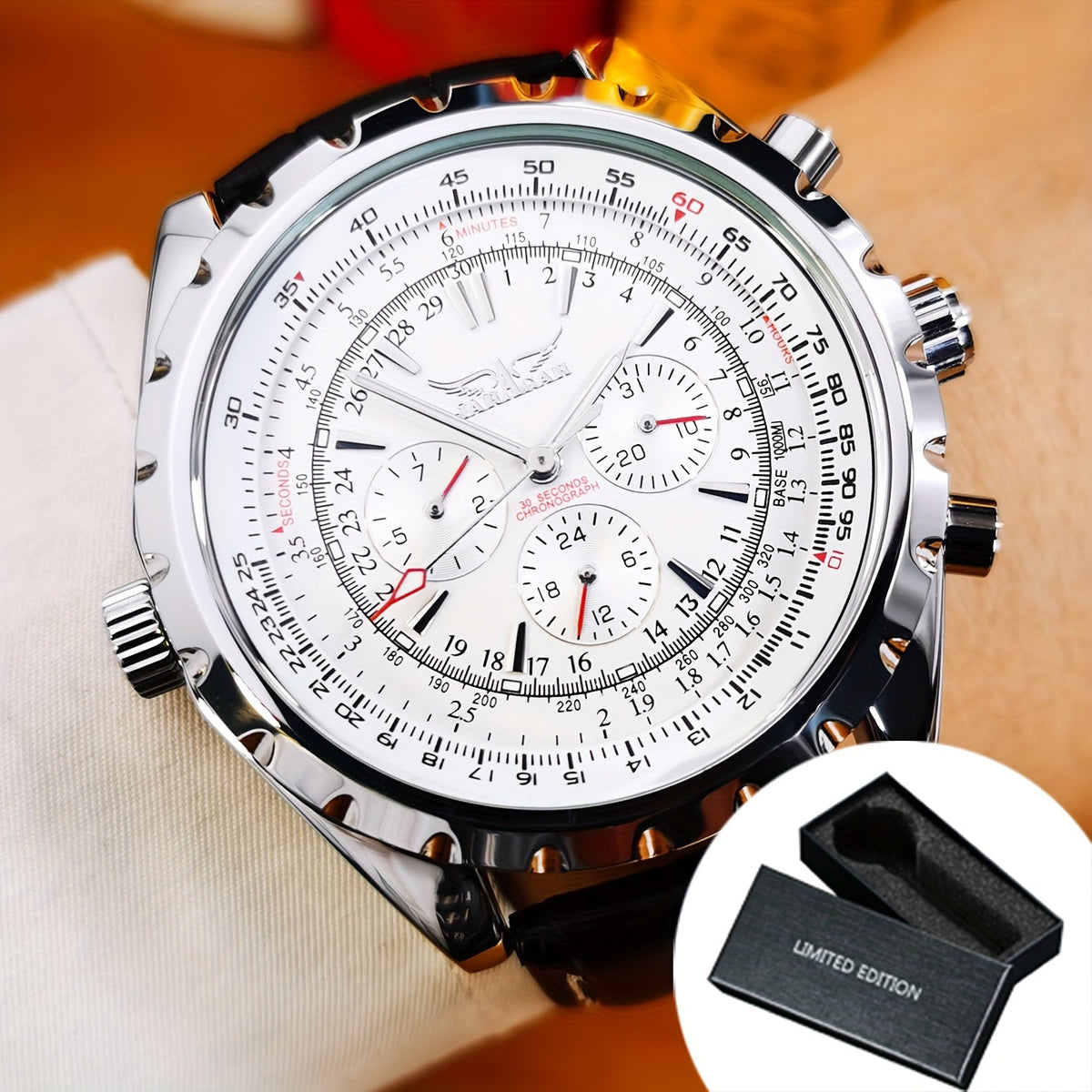 Watch with Pilot Automatic Mechanical Movement, Week and 24-Hour Sub-Dials, Date and White Strap