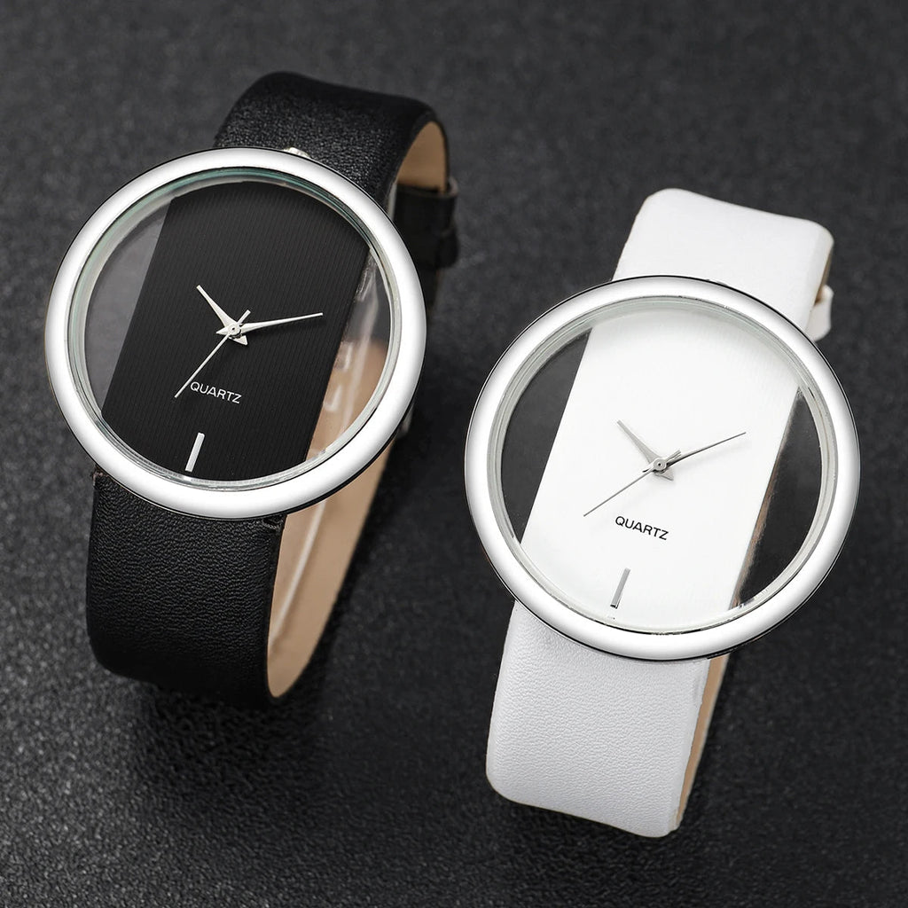 Women's Watches Two-Piece Analog Set with Coordinated Black and White Minimalist Dress Designs
