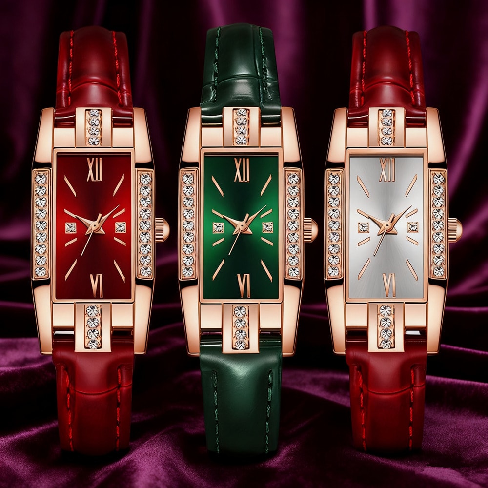 Three-Piece Rectangular Quartz Watch Set with Red, Green and White Dials on Matching Slim Straps