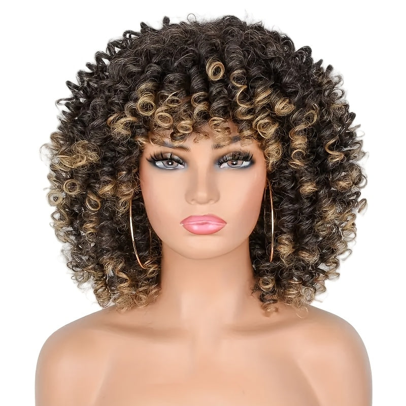 14-Inch Coily Afro Wig with Bangs in Ombre Brown Synthetic Fiber for Everyday Styling and Costume Looks