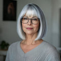 Wig Short Straight Silvery Gray Bob, 8-Inch Style with Full Bangs and Standard Cap for Costume Looks