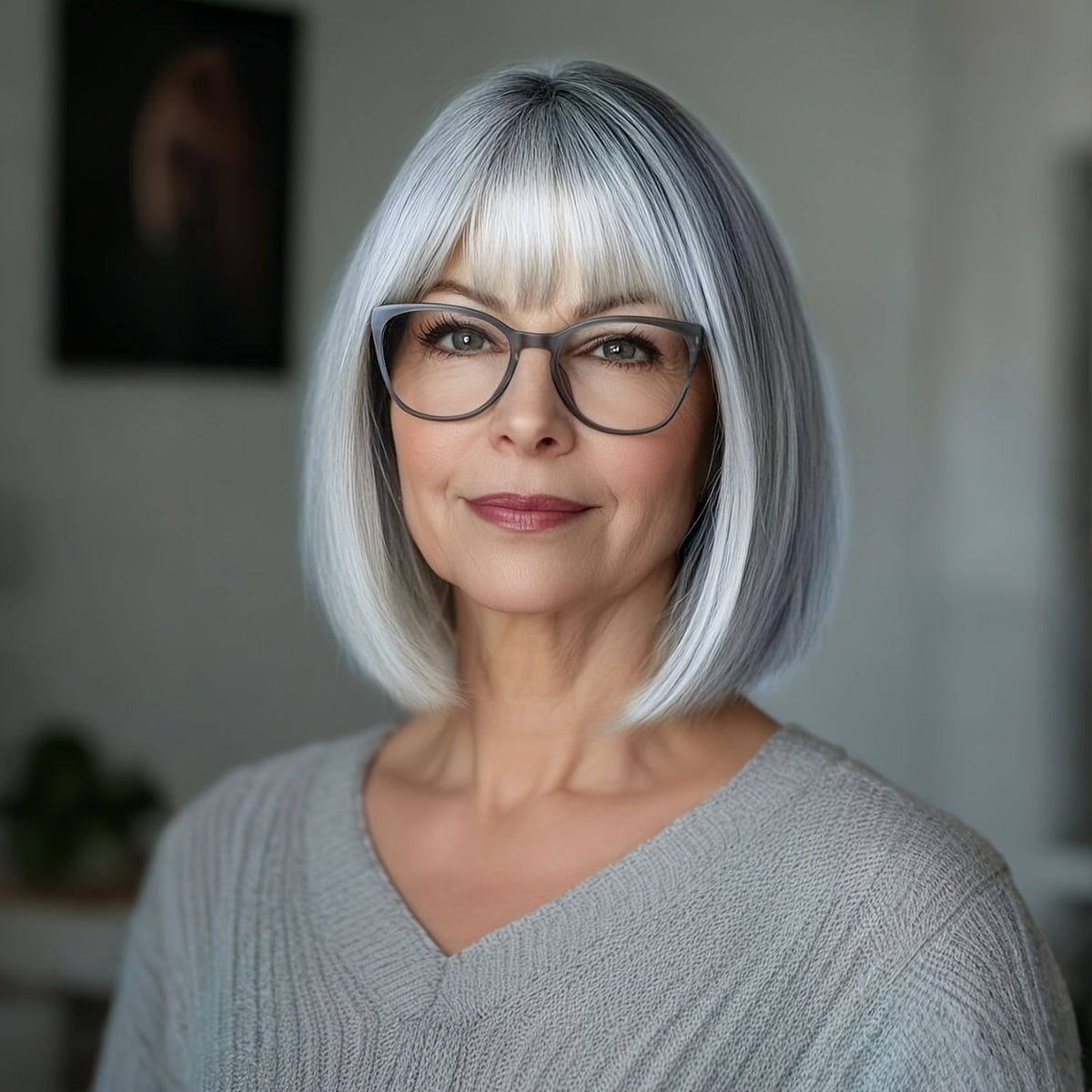 Wig Short Straight Silvery Gray Bob, 8-Inch Style with Full Bangs and Standard Cap for Costume Looks