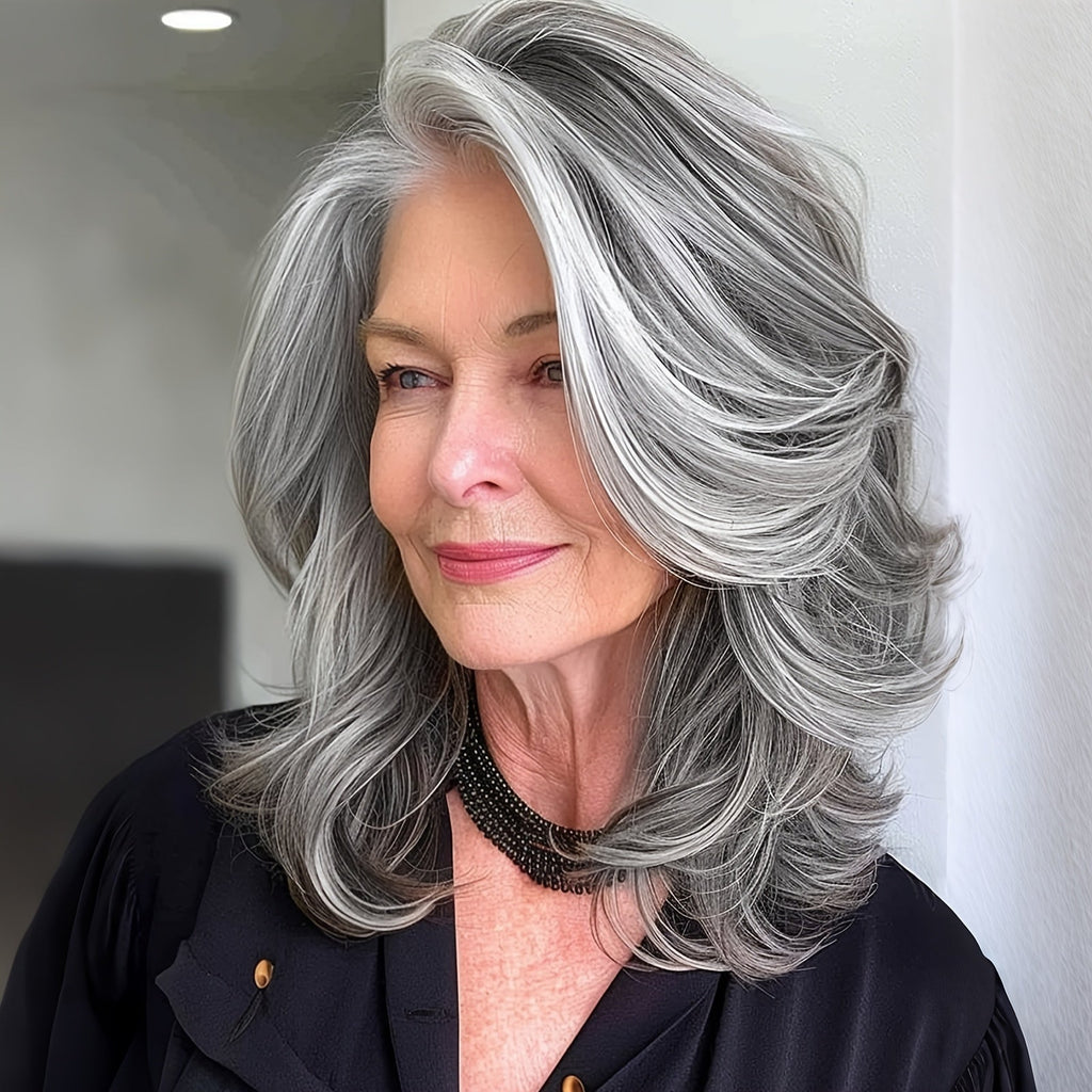 Wig Layered Gray Bob Mullet, 14-Inch Wavy Synthetic Fiber with White Front Streak and Curtain Bangs