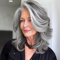 Wig Layered Gray Bob Mullet, 14-Inch Wavy Synthetic Fiber with White Front Streak and Curtain Bangs