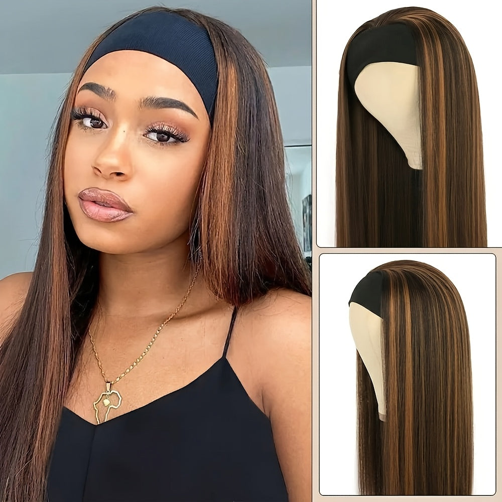 Wig Long Straight Headband Style, 26-Inch Length in Three Brown and Golden Highlight Color Options