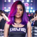 12-Inch Pink and Purple Gradient Straight Wig with Bangs in Synthetic Fiber for Costume and Party Styling