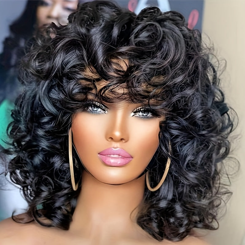 Wig Short Roll-Wave Style in Natural Black, 12-Inch Synthetic Fiber with Bangs and Rose Mesh Cap