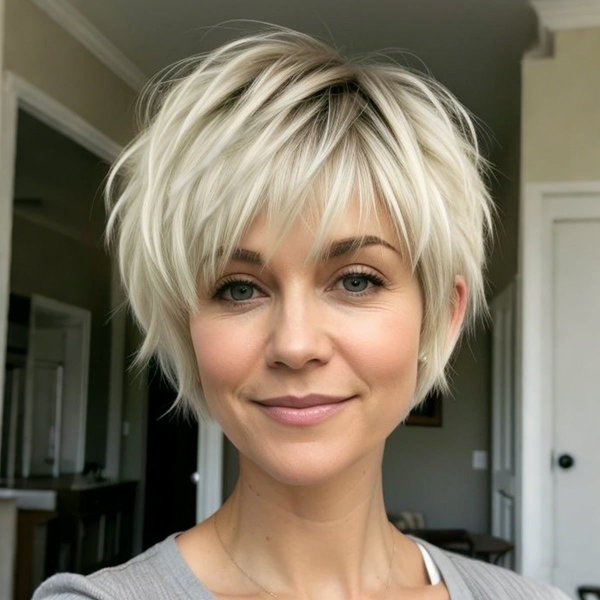 Synthetic Wig 8-Inch Silvery Grey Fluffy Pixie Cut with Fiber and Adjustable Cap with Item-Specific Color, Length, Texture and Cap Choices