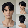 Short Straight Black Layered Wig for Men in Synthetic Fiber with a No-Adhesive Wear Design