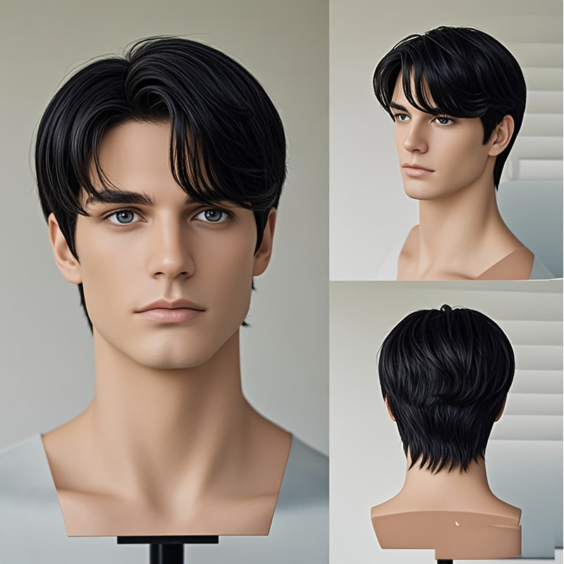 Short Straight Black Layered Wig for Men in Synthetic Fiber with a No-Adhesive Wear Design