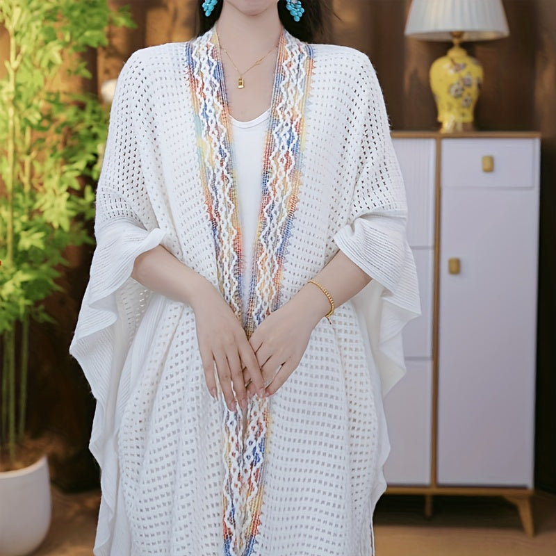 Scarf for Women – Boho Ruffle Shawl – Hollowed Out Color Stripe Fringe Wrap Scarf, Ethnic Style Cloak Cape
