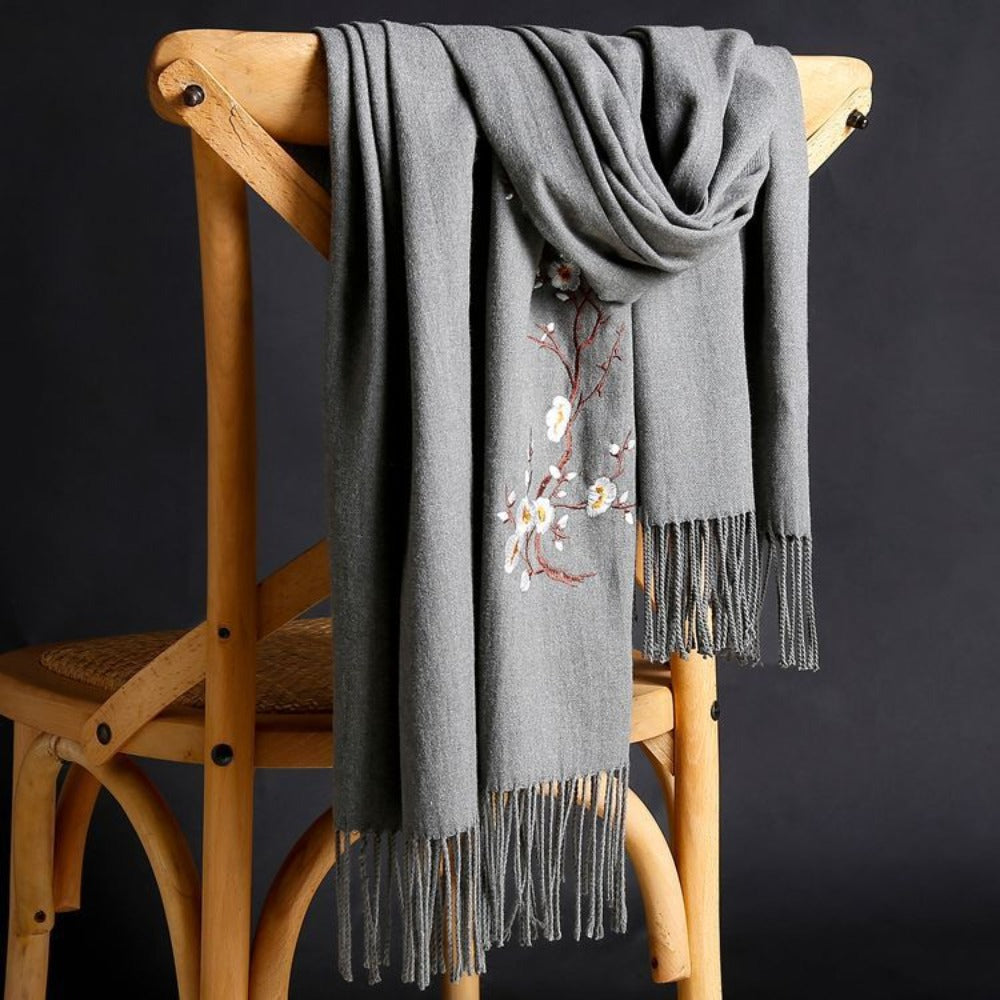 Scarf for Women - Cashmere Embroidered Ethnic Tassel Shawl Warm Neck Warmer Vintage Solid - product detail view 17