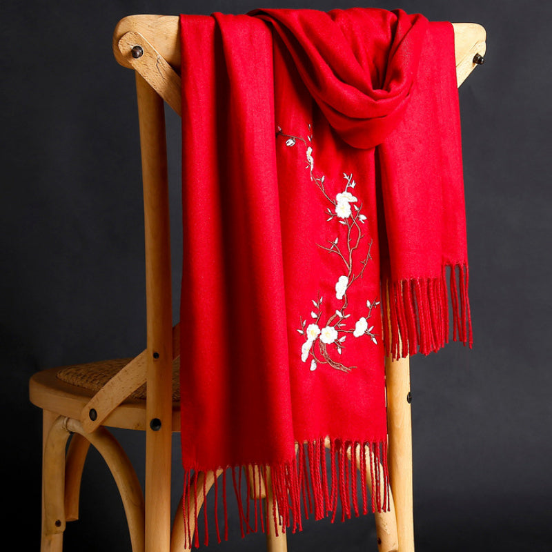 Floral Branch Embroidered Imitation Cashmere Scarf with Fringe in Seven Solid Color Options