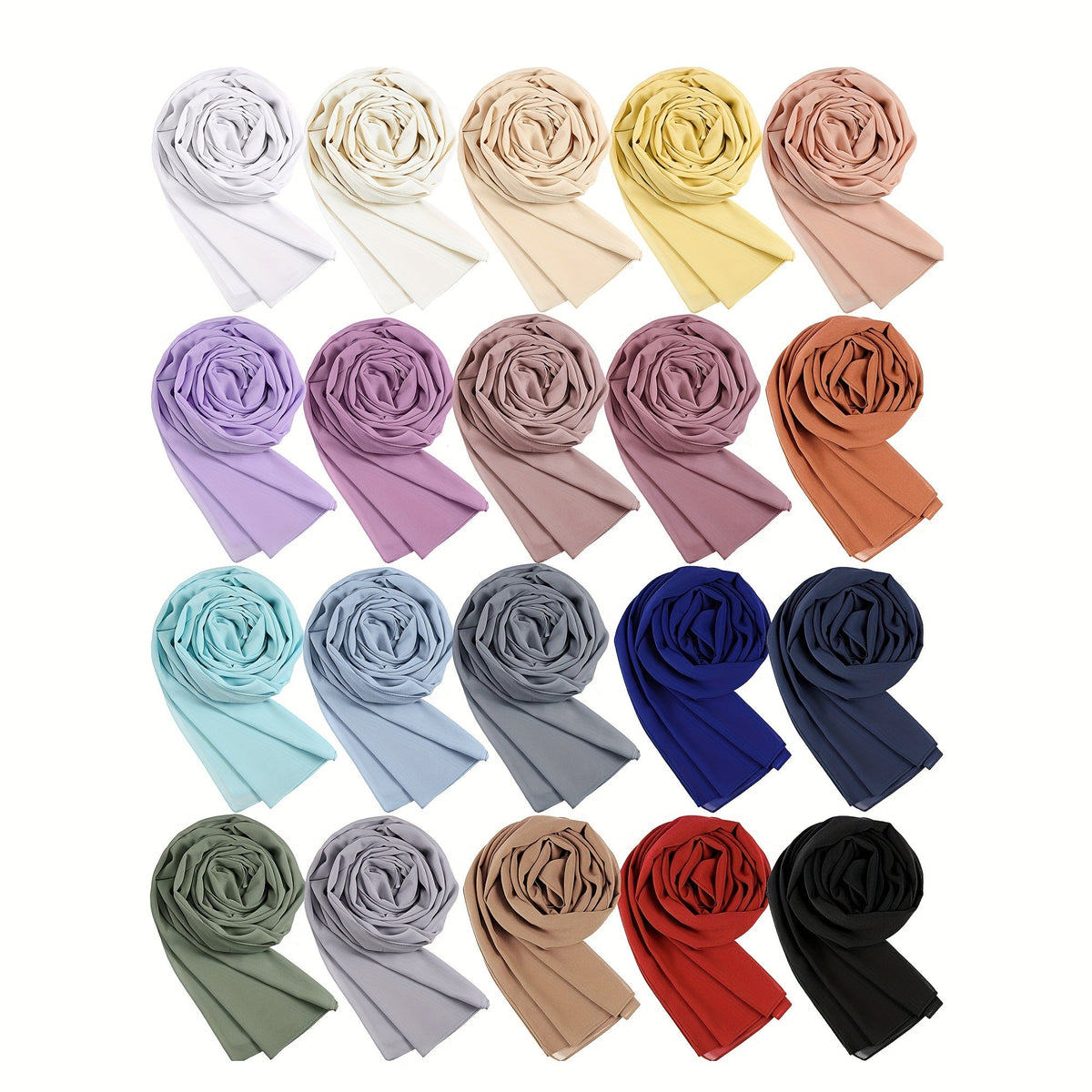 20-Pack Chiffon Hijab Scarf Set in Twenty Colors with Long Head Wrap Styling for Daily Outfits