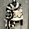 Floral Imitation-Cashmere Fringe Shawl in Black with Flower Print for Layered and Occasion Outfits