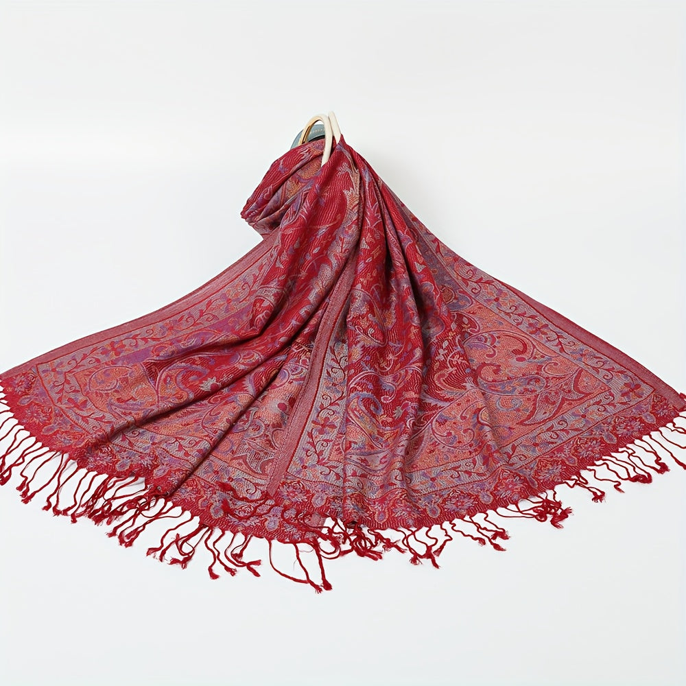 Scarf for Women - Jacquard Shawl Ethnic Cashew Tassel Long Wrap Vintage Multicolor Boho - product detail view 15