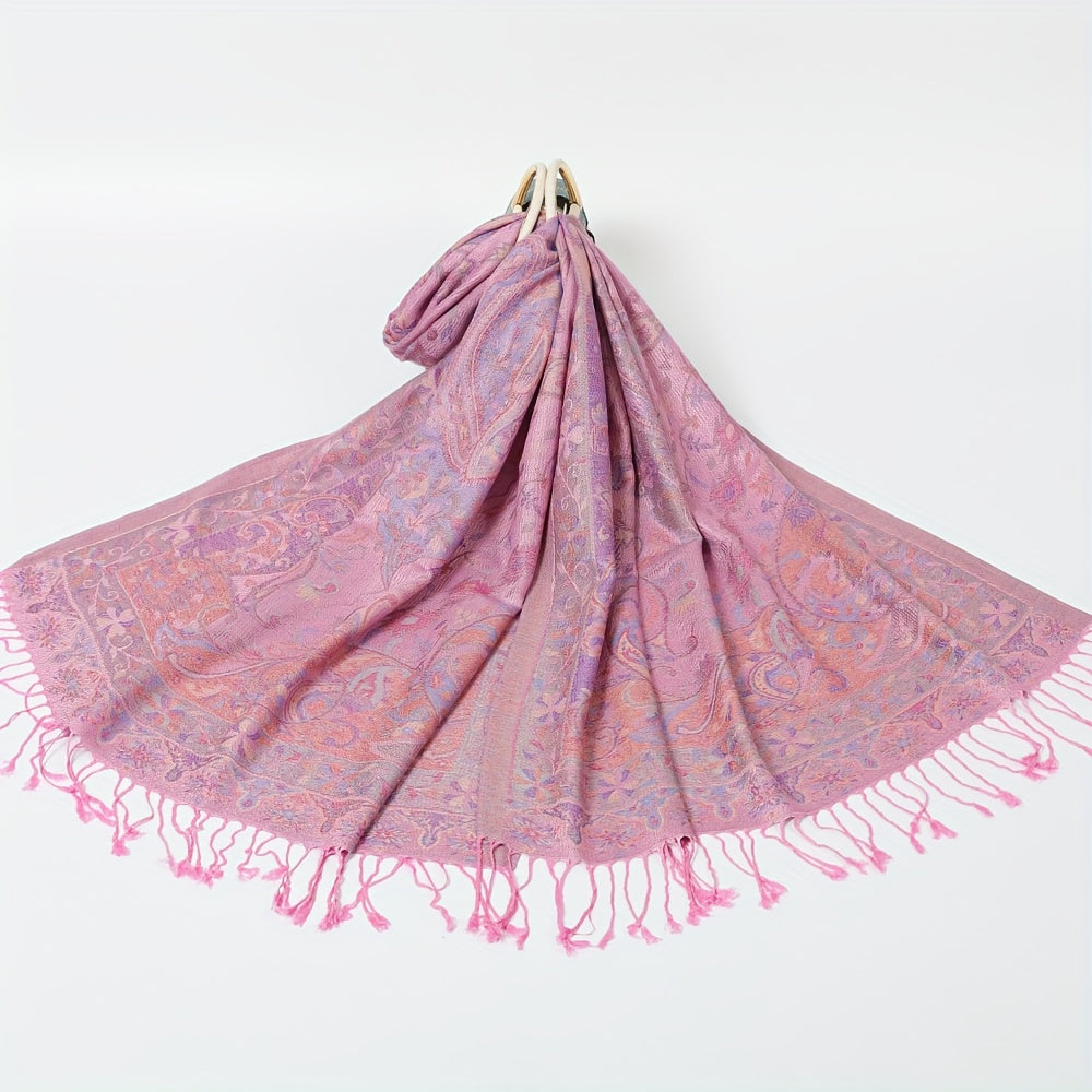 Scarf for Women - Jacquard Shawl Ethnic Cashew Tassel Long Wrap Vintage Multicolor Boho - product detail view 16