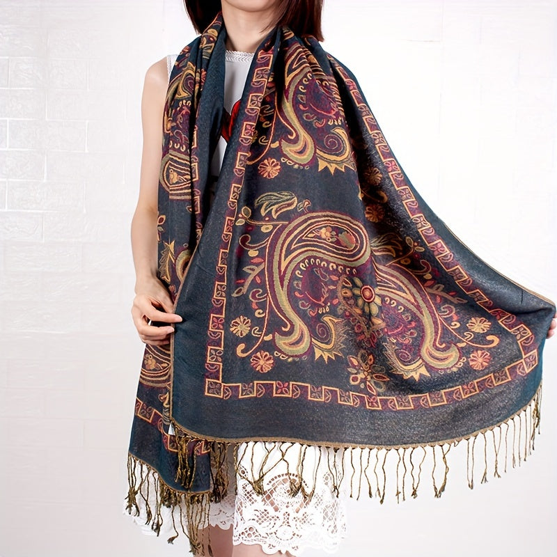 Scarf for Women - Paisley Shawl with Fringe Boho Ethnic Wrap Warm Neck for Travel Music - product detail view 14