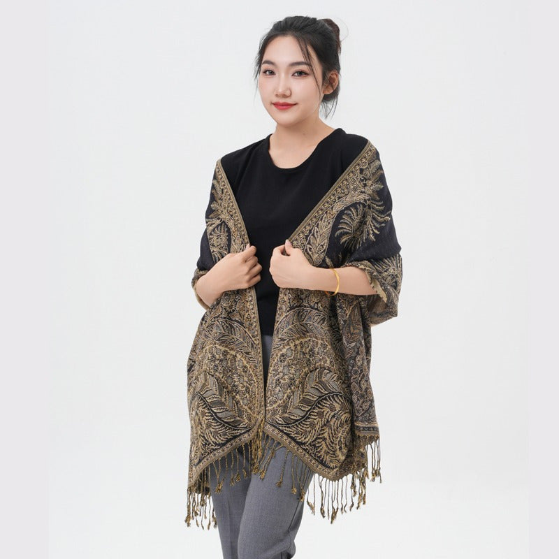 Woven Paisley and Phoenix-Tail Pattern Scarf with Fringe, Offered in Seventeen Color Options