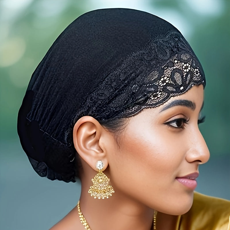 Lace-Trim Stretch Head Wrap, Hijab and Shawl in Black for Ramadan, Daily Wear and Outfit Styling