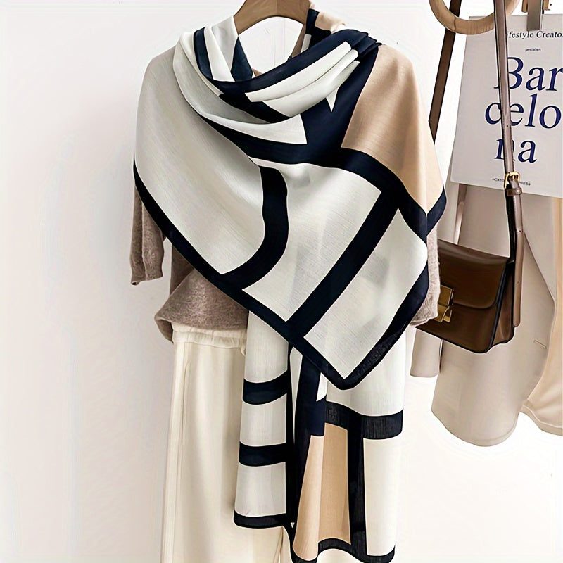 Geometric Color-Block Viscose Scarf and Shawl, Approximately 185cm Long with Finished Woven Edges
