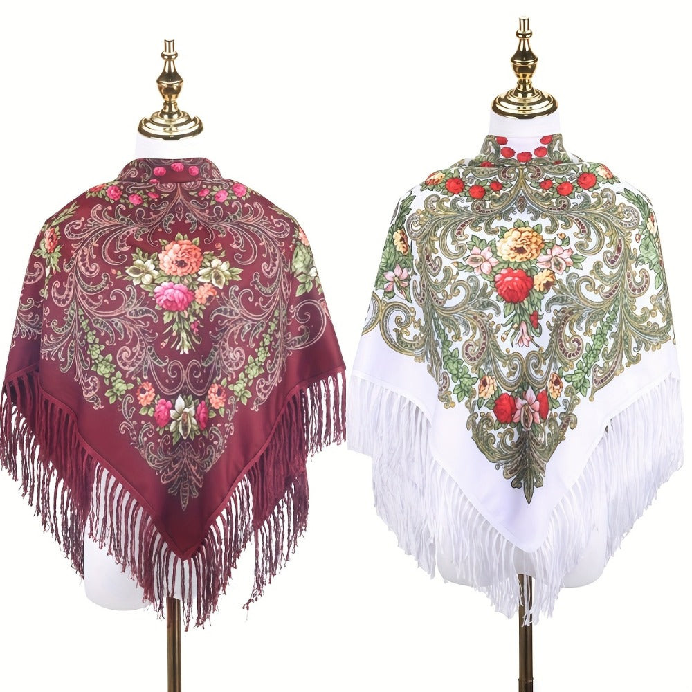 Scarf for Women - Tassel Shawl Set of 2 Vintage Floral Fringe Wrap for Warm Windproof Autumn - product detail view 3