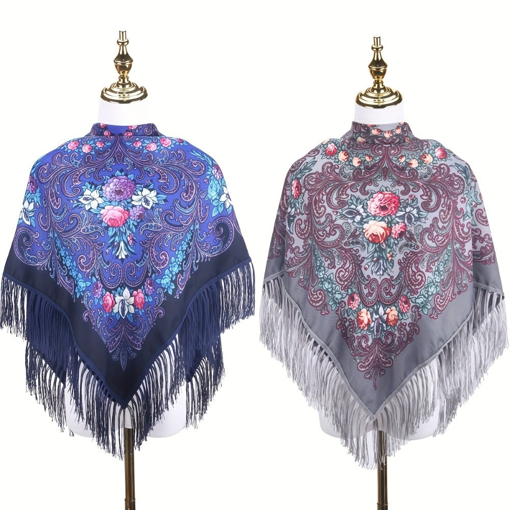 Scarf for Women - Tassel Shawl Set of 2 Vintage Floral Fringe Wrap for Warm Windproof Autumn - product detail view 5