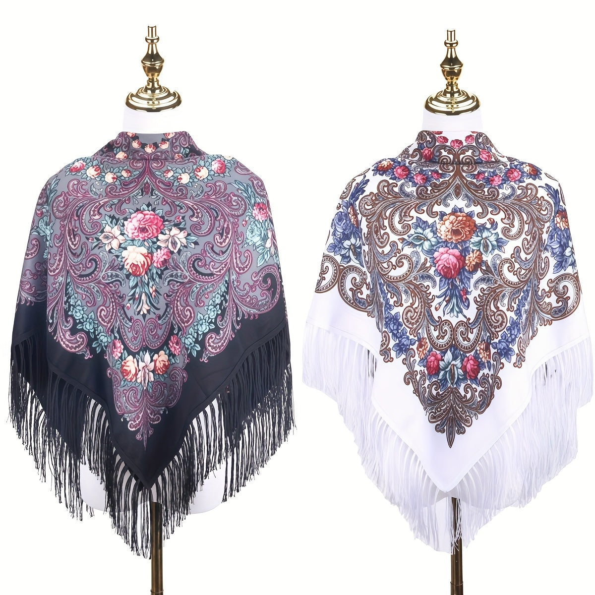 Scarf for Women - Tassel Shawl Set of 2 Vintage Floral Fringe Wrap for Warm Windproof Autumn - product detail view 18