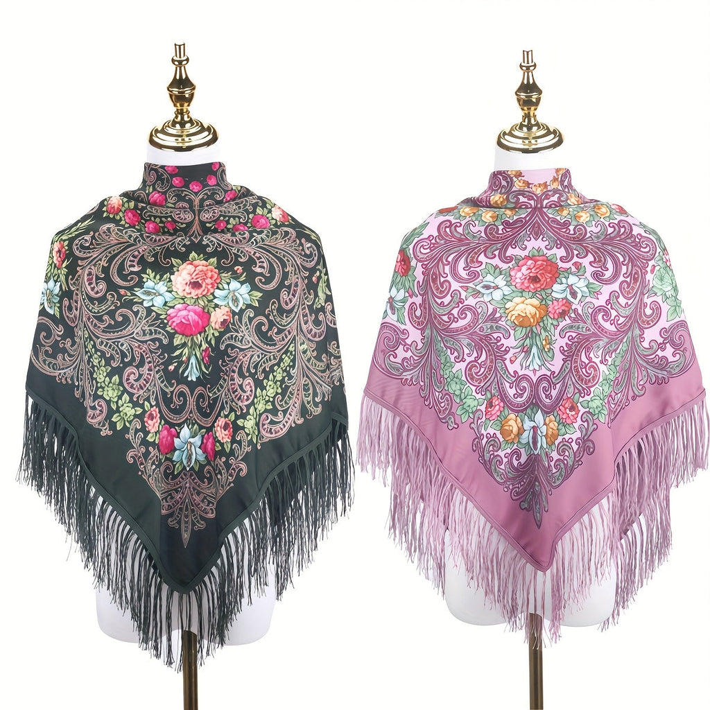 Scarf for Women - Tassel Shawl Set of 2 Vintage Floral Fringe Wrap for Warm Windproof Autumn - product detail view 19