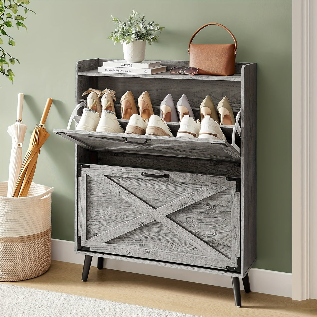 Shoe Cabinet, Furn Mivo Multi-Door Entryway Organizer in Gray, White and Brown Configurations