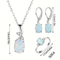Jewelry Set with Pale Blue Opal-Style Necklace, Leverback Earrings and Ring in Four Ring Sizes