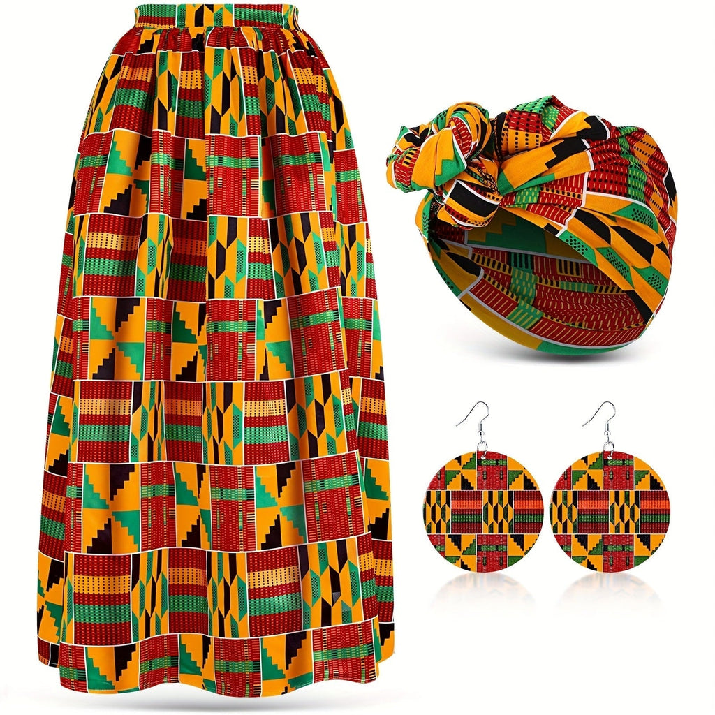 3-Piece African Print Maxi Skirt Set with Stretch Skirt, Pockets and Matching Head Wrap Scarf