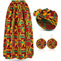3-Piece African Print Maxi Skirt Set with Stretch Skirt, Pockets and Matching Head Wrap Scarf