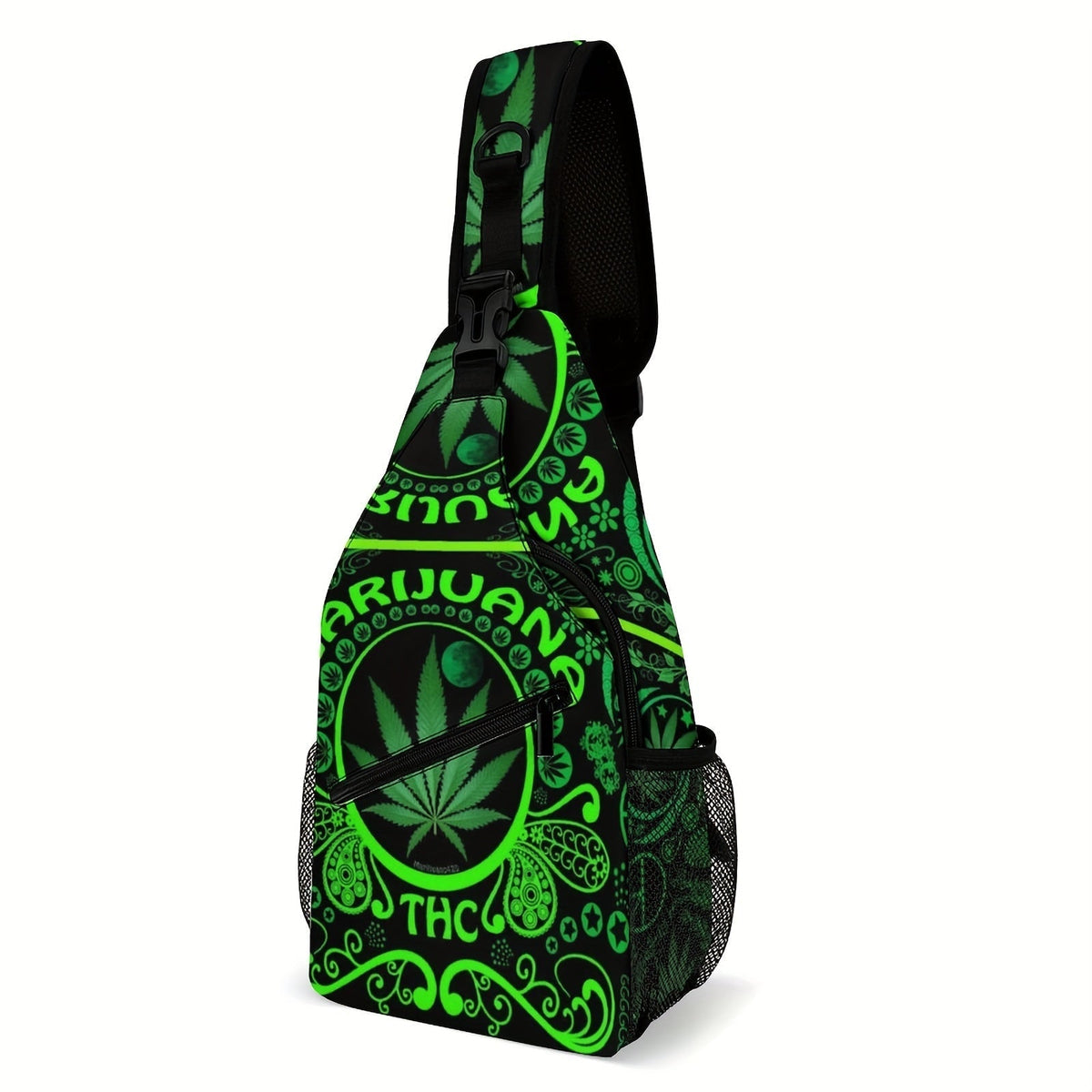 Green Botanical Graphic Sling Bag with Zippered Front Pocket, Side Mesh Pockets and 40 × 22 × 7.5 cm Size