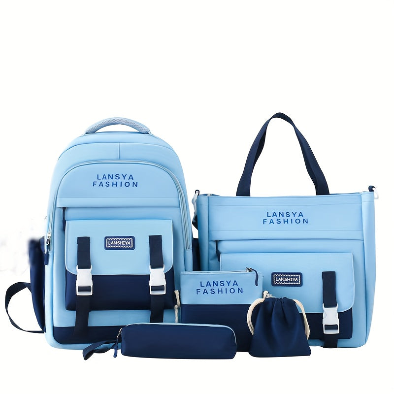 Sling Bag & Backpack 5-Piece School Set with Tote, Pencil Pouch, Drawstring Bag & Blue/Pink Options