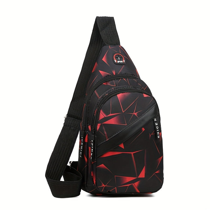 Sling Bag Geometric Print Crossbody with Compact Multi-Pocket Design, Adjustable Strap & Red Option