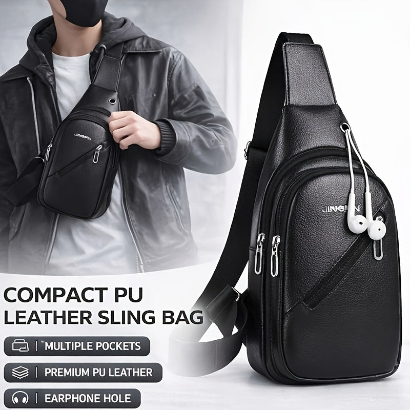Sling Bag Compact PU Leather Crossbody with Earphone Port, Multiple Zip Pockets & Adjustable Strap