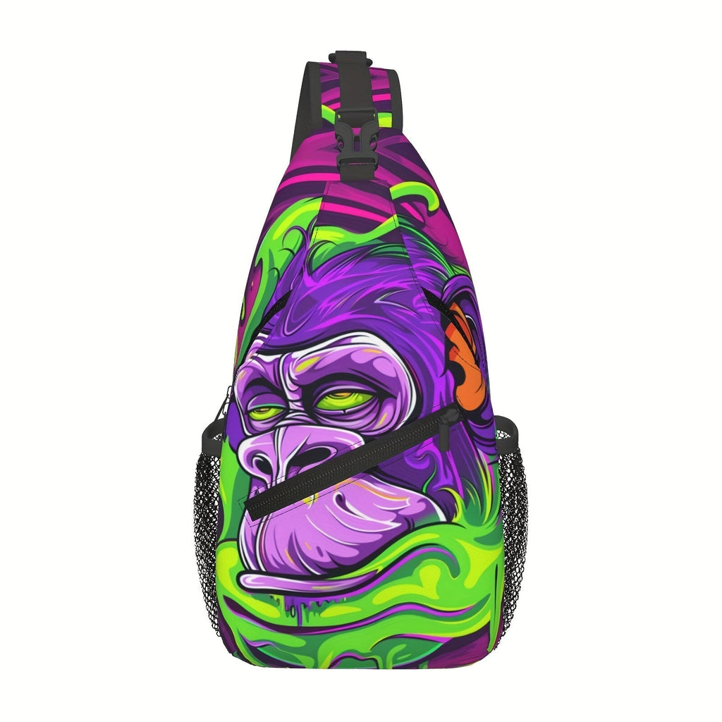 Sling Bag – Dark Violet Gorilla-Print Polyester Crossbody with Padded Back and Side Pockets
