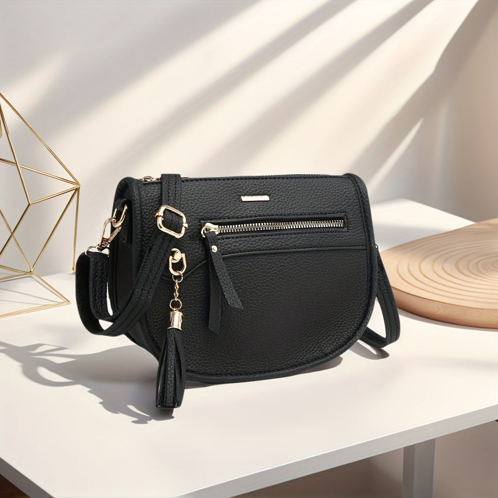 Crossbody Sling Bag Mini Crescent PU Leather Purse with Tassel Accent, Adjustable Strap & 12 Color Options