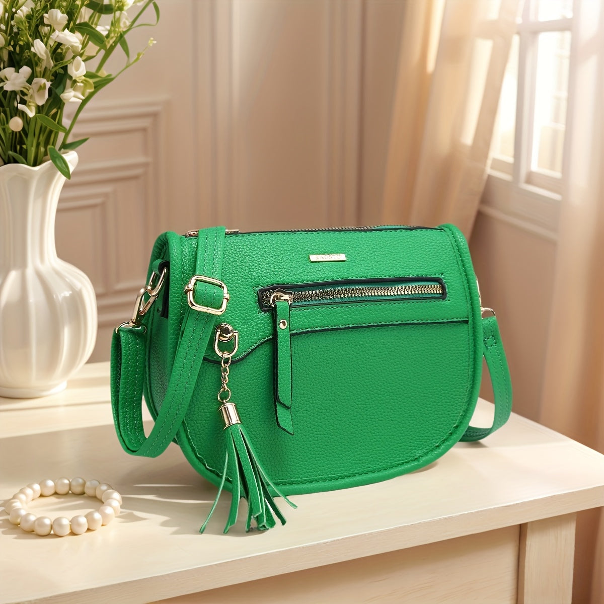 Crossbody Sling Bag Mini Crescent PU Leather Purse with Tassel Accent, Adjustable Strap & 12 Color Options